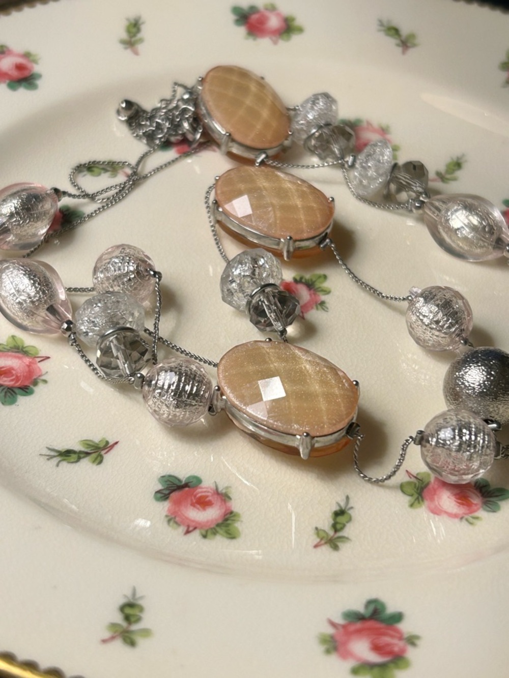 Silver Chain Necklace with Champagne Faceted Gemstones crystal & beads 36” +